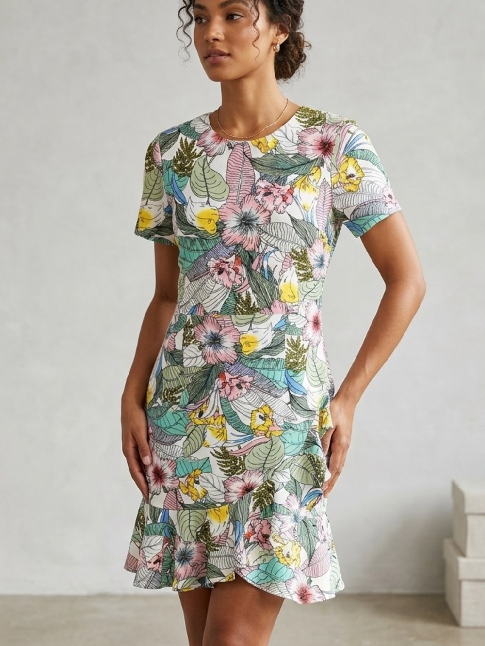 Apt. 9 Floral Short Sleeve Mini Dress in Pink, Yellow, Green, Blue